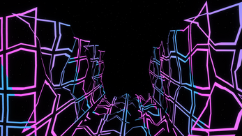 Cool Maze Game gameplay: a first-person maze with glowing purple and blue vector walls
